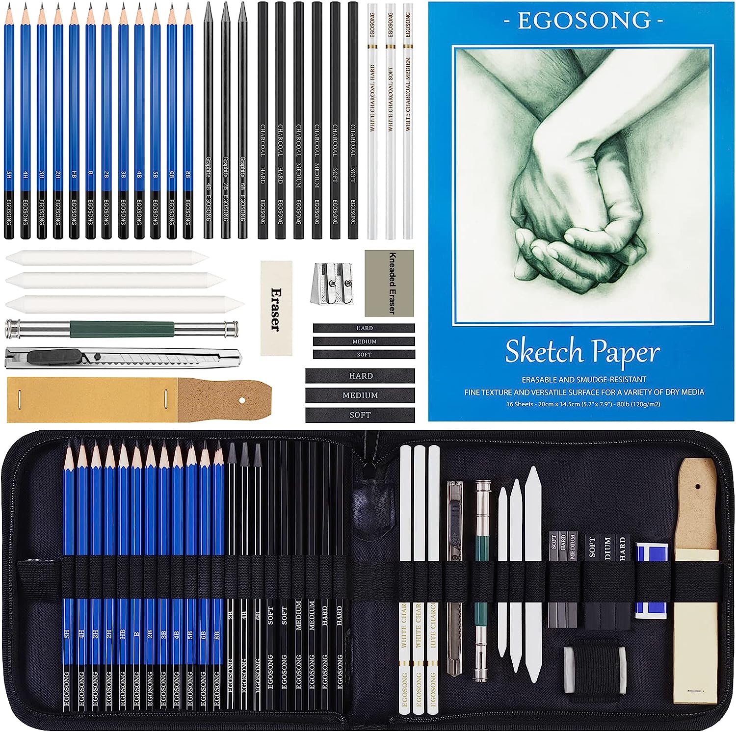 230527224348909_1 EGOSONG 41 Pack Professional Art Supplies – Graphite/Charcoal Pencils Art Set – All in One Drawing Tools Sketching Art Kit with Sketchbook – Portable Travel Drawing Kit for Adults Beginners & Artists - Image 1
